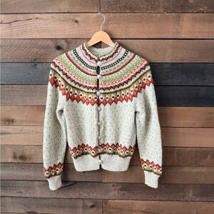 Vintage 1970s Ruth E Holland Hand Knit Fair Isle Cardigan Folk Wool Sweater